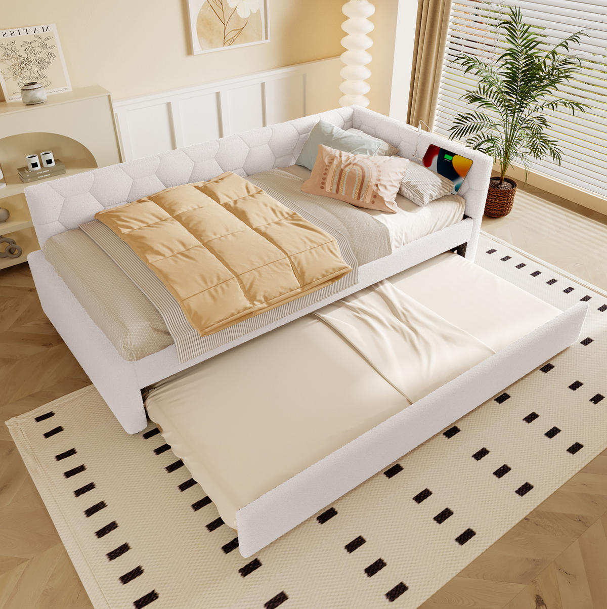 POLSTERBETT aus Velvet & MDF 90x200 cm in Weiß mit Ausziehbett, USB & Typ-C - Weiß, Textil (90/200cm) - Modfu