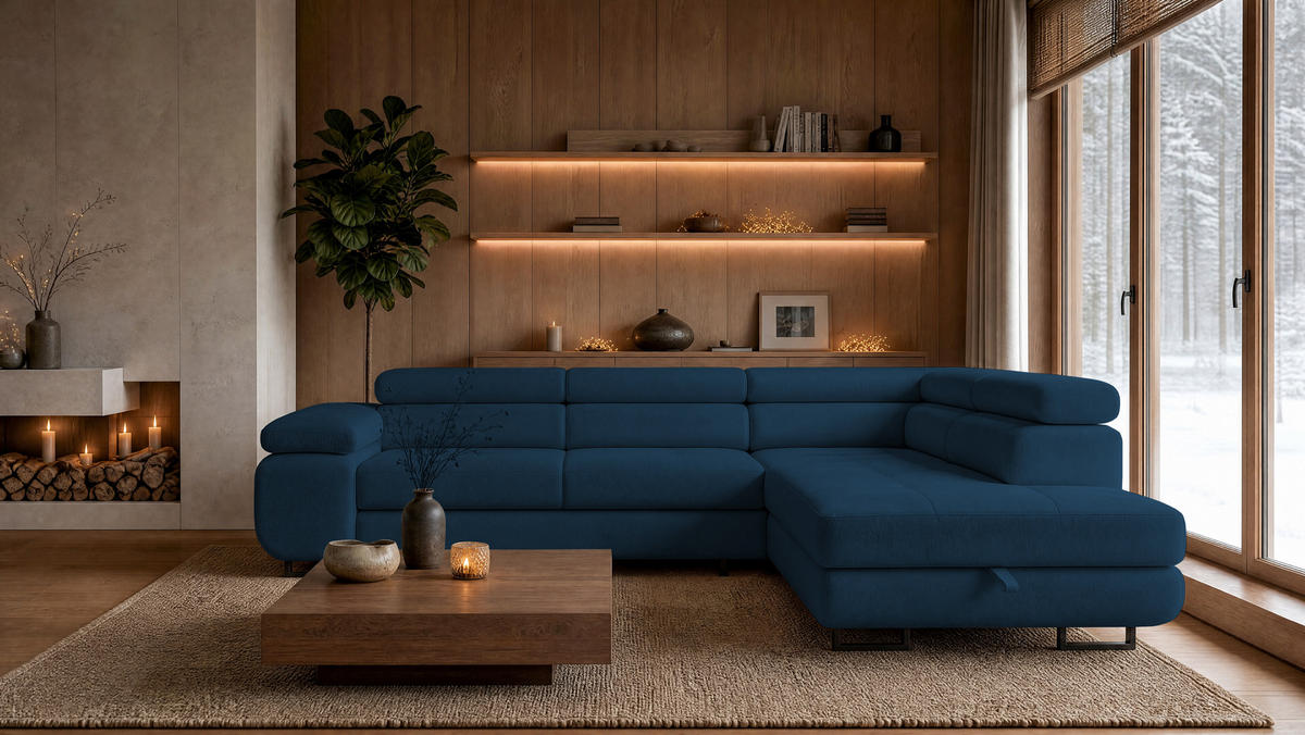 ECKSOFA Velmo mit Bettkasten und Schlaffunktion, verstellbaren Kopfstützen, in L-Form - Blau, Textil (275/203cm)