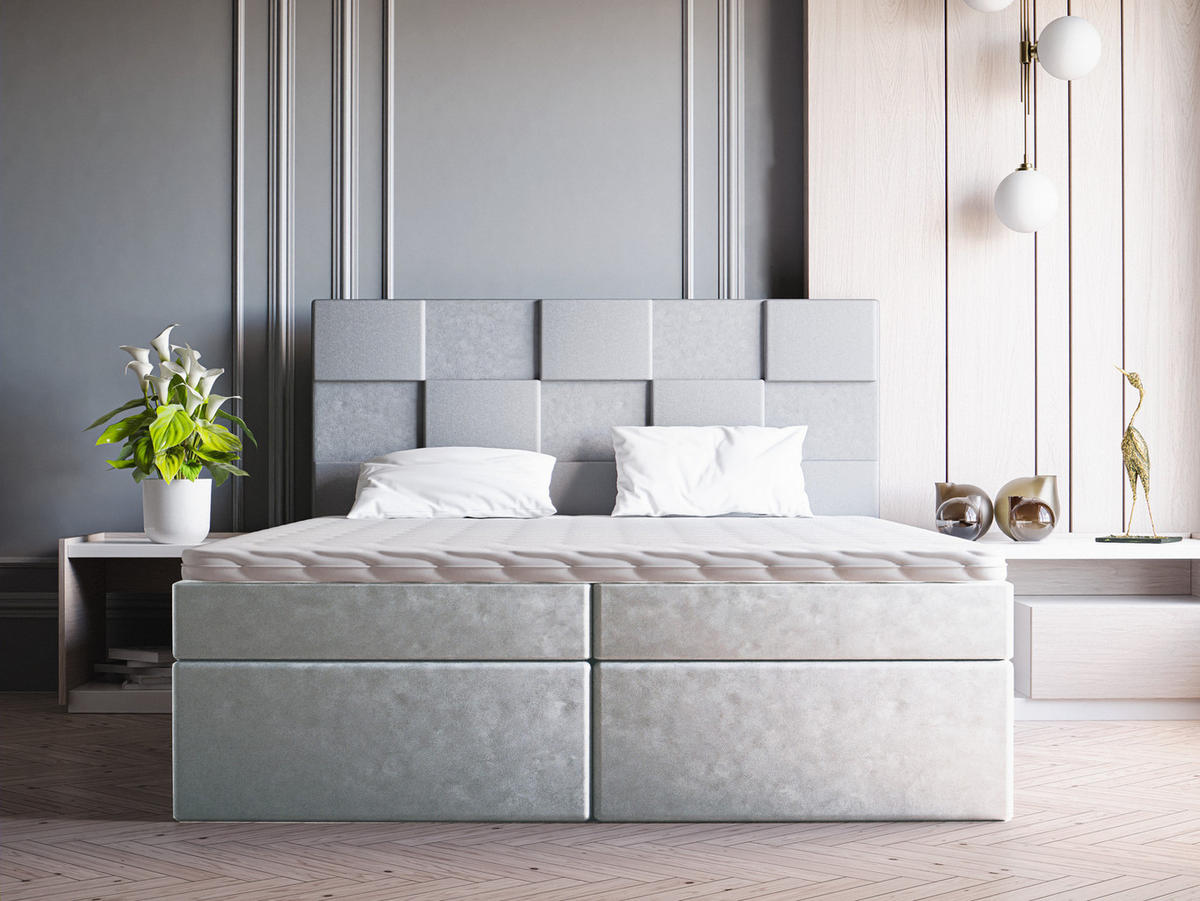 DOPPELBETT mit Matratze 140x200 Berg, Samtstoff, Bettkasten, Hellgrau - Hellgrau, Holz/Textil (140/200cm) - Emporius