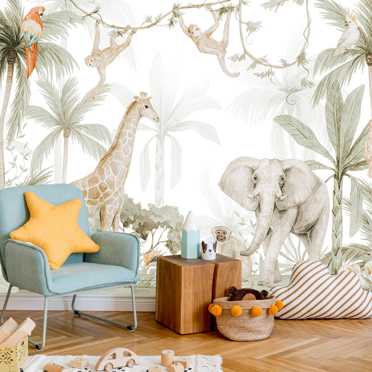 FOTOTAPETE für Kinderzimmer Dschungel Tiere Giraffe Elefant Palmen 500x350 - Ecru/Braun, Papier (500/350cm) - Muralo