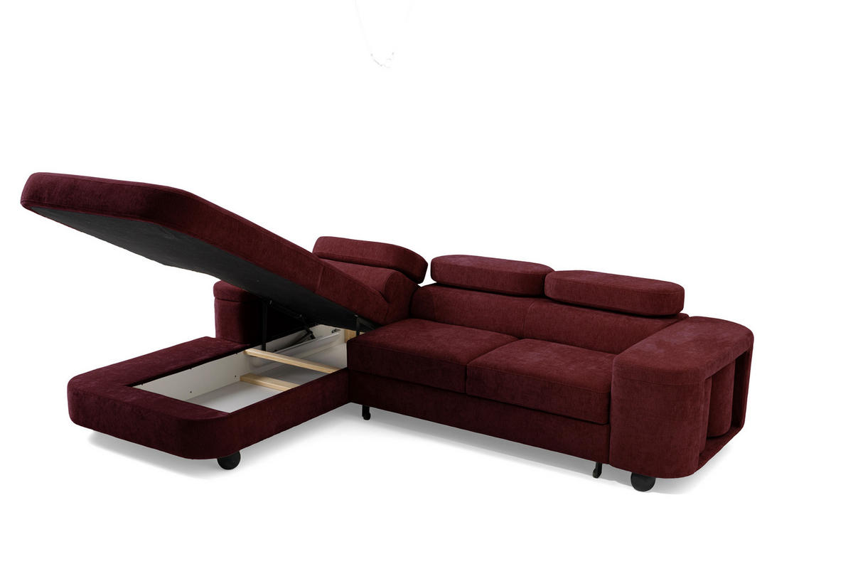 ECKSOFA LOVE L Links mit Schlaffunktion 124x210 Chenille Bordeaux - Bordeaux/Schwarz, Holz/Textil (284/205cm) - Muffo