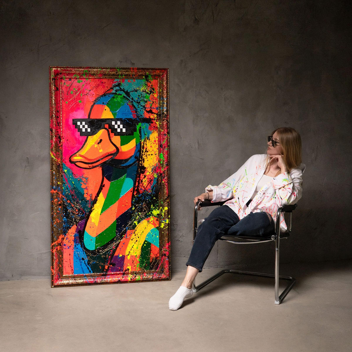 GEMÄLDE Entchen-Vibe Schattenfugenrahmen Gold 160x80 cm - Goldfarben, Holz (160/80cm) - YS-art gallery