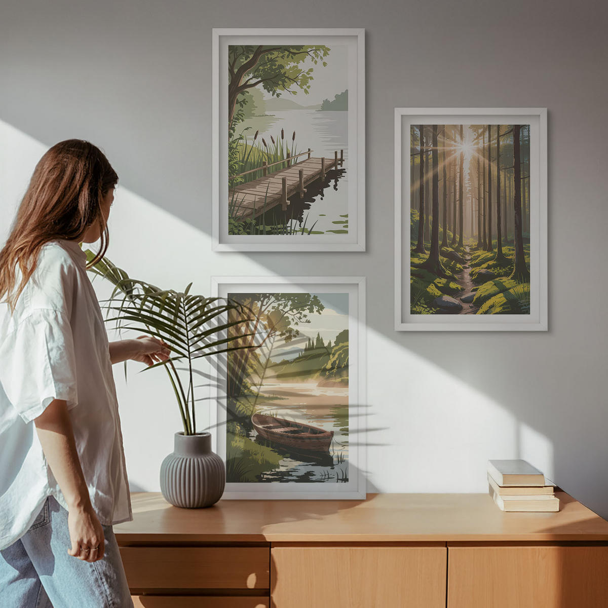 WANDBILDER 3er-Set - 40x60 cm Weißer Rahmen - Landschaft aus Wald, See und Boot - Weiß, Kunststoff (40/60cm) - ArtPrintCave