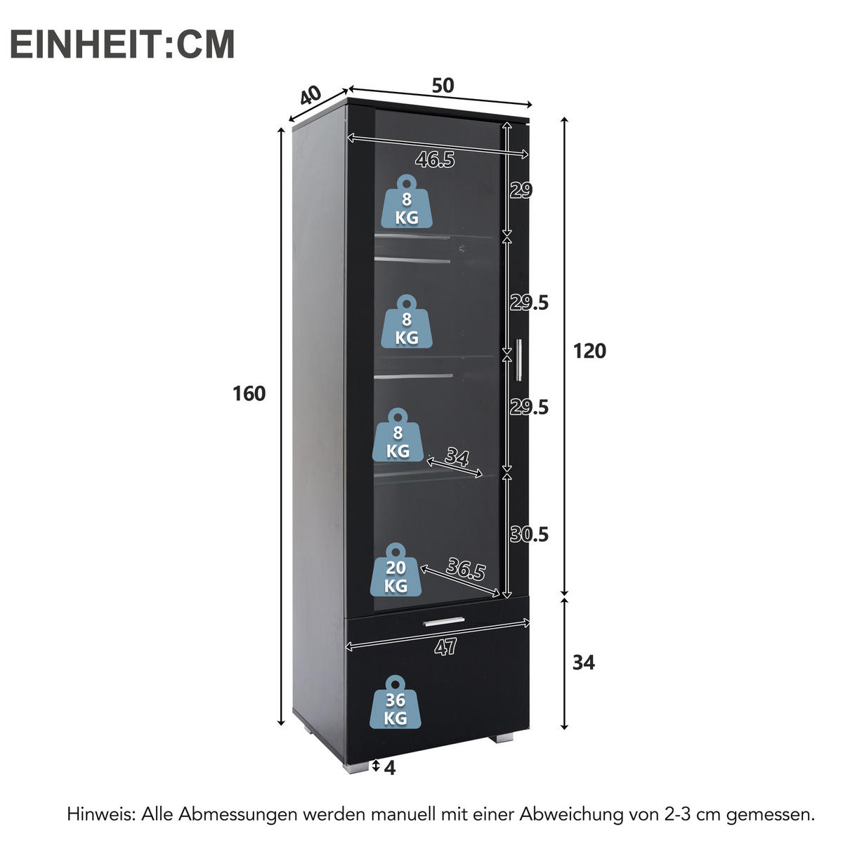 VITRINE Schwarz 50/40/160 cm - Schwarz, Holzwerkstoff (40/160/50cm) - PANGIVO