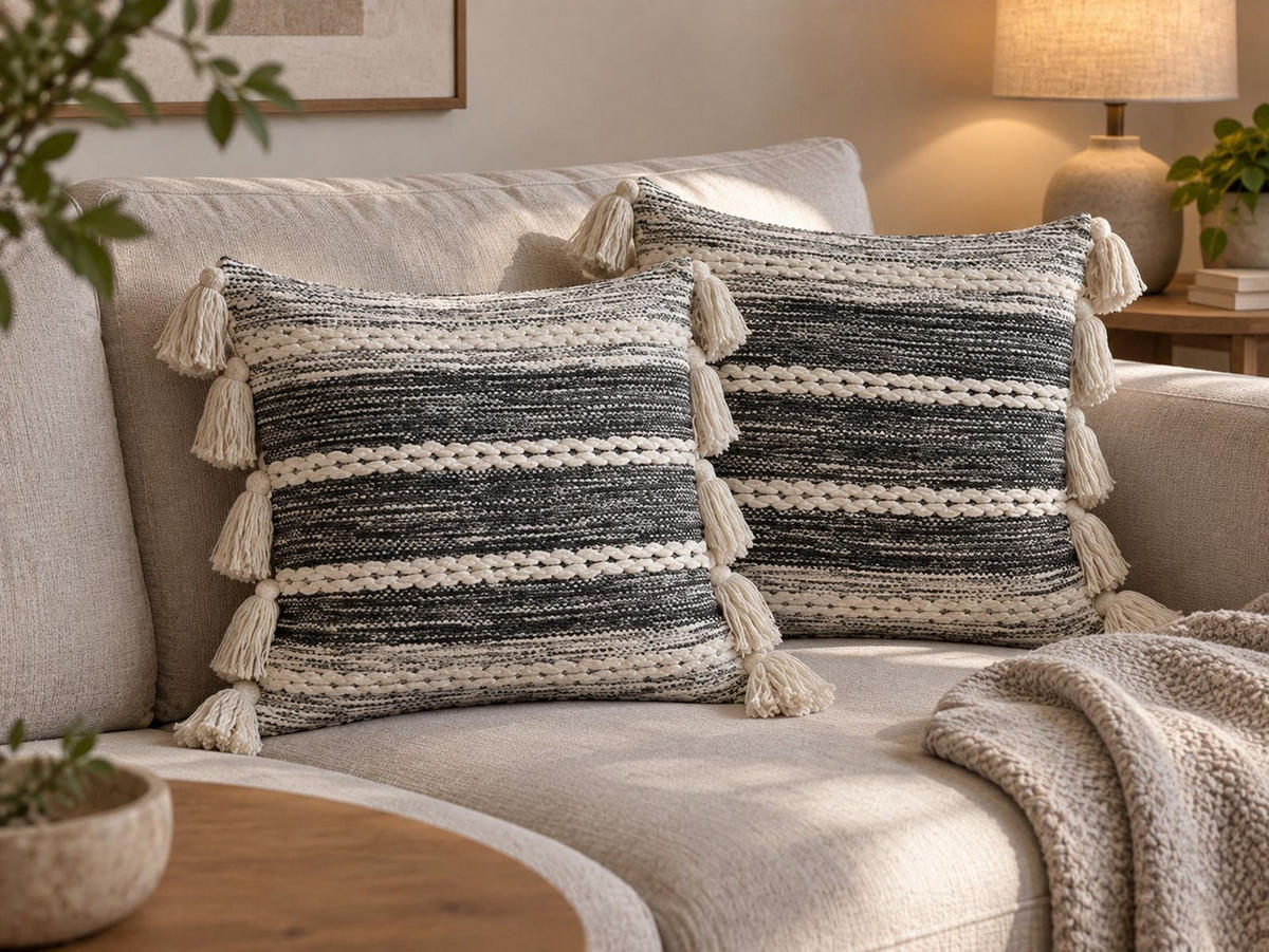 DEKOKISSEN 2er-Set Cremeweiß 45/45 cm Rochea - Ecru/Schwarz, Naturmaterialen/Textil (45/45cm) - Beliani