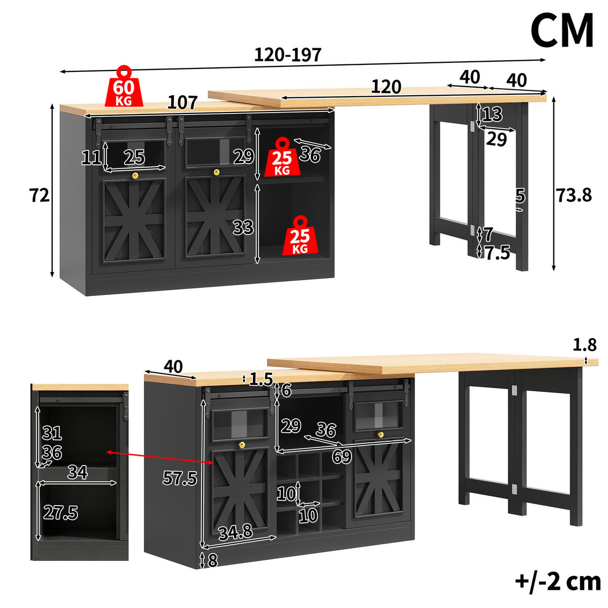 BARTISCH DE-38582 ausziehbar 120-197 cm 360° drehbar und RGB-LED Schwarz - Schwarz, Holzwerkstoff (40/120/72cm) - ComfortXL