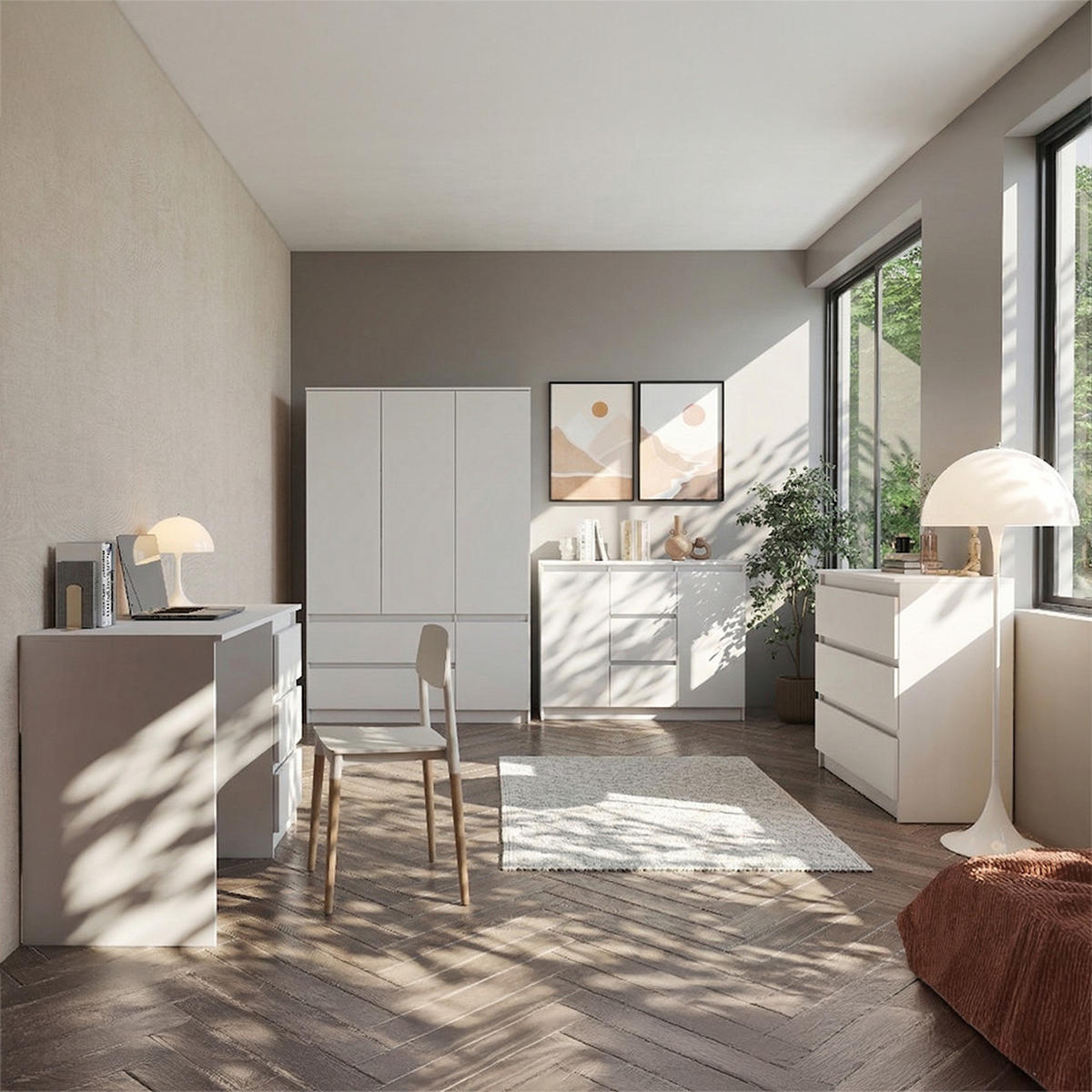 DREHTÜRENSCHRANK SOLO 4D2S, Schlafzimmer, Kleiderschrank Schrank 120 cm Weiß/Weiß, 4-türig, zwei Schubladen, grifflos - Weiß, Holzwerkstoff (120/180/50cm) - imoebel24