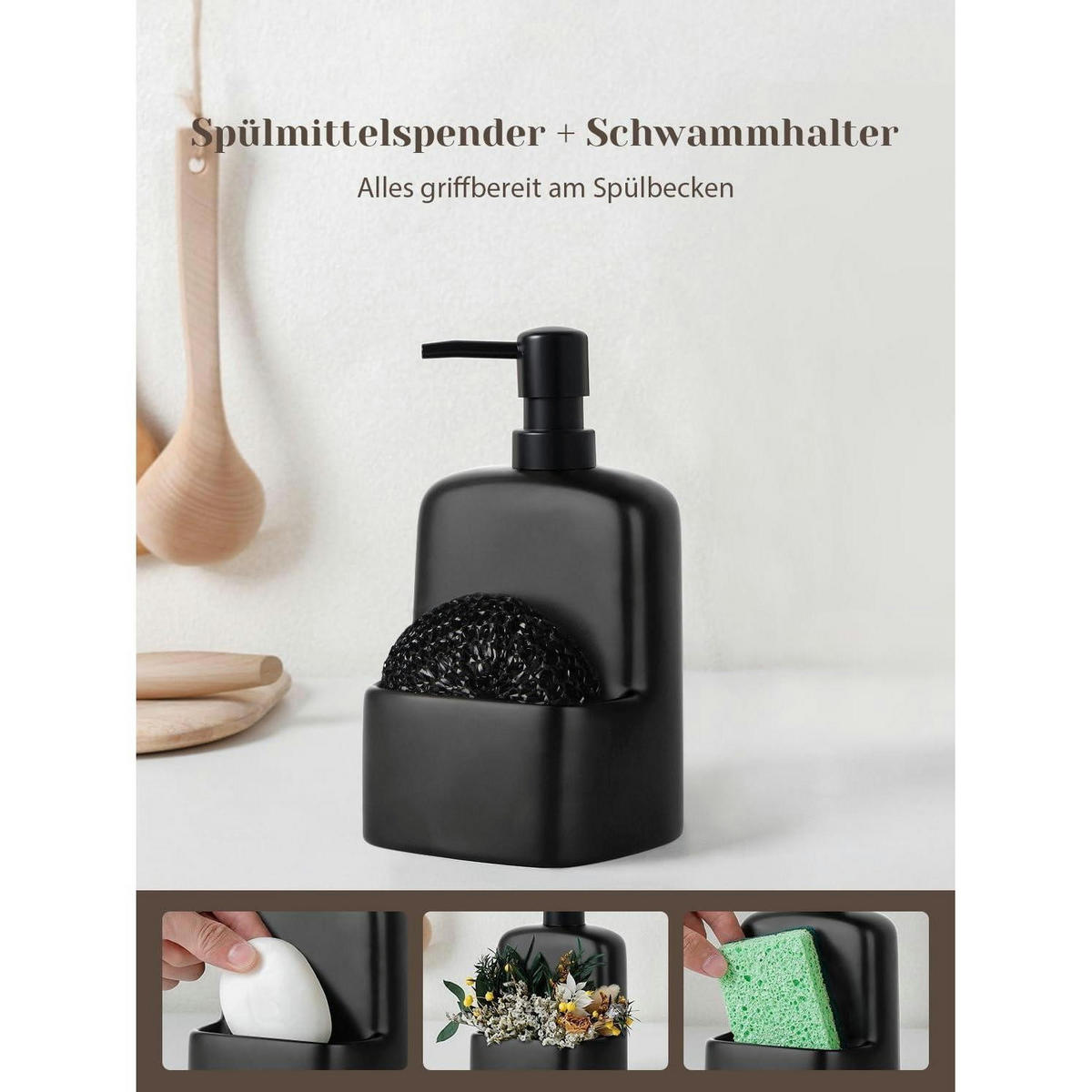 SEIFENSPENDER mit Schwammhalter Keramik Matt Schwarz 600ml - Schwarz, Keramik (10.5/20/9.5cm)