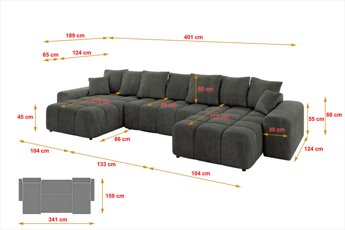 WOHNLANDSCHAFT ENIL-U 401x189x68 Dunkelgrau Velours - Dunkelgrau, Holzwerkstoff/Kunststoff (401/68/189cm) - ALTDECOR