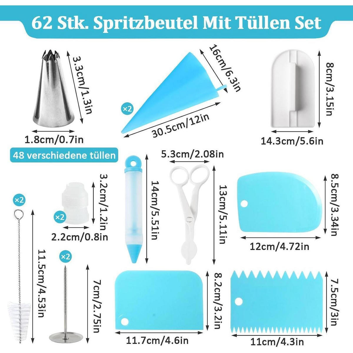 SPRITZBEUTEL Set 62-teilig Edelstahl Silikon Blau - Blau, Kunststoff (16/8/30.5cm)