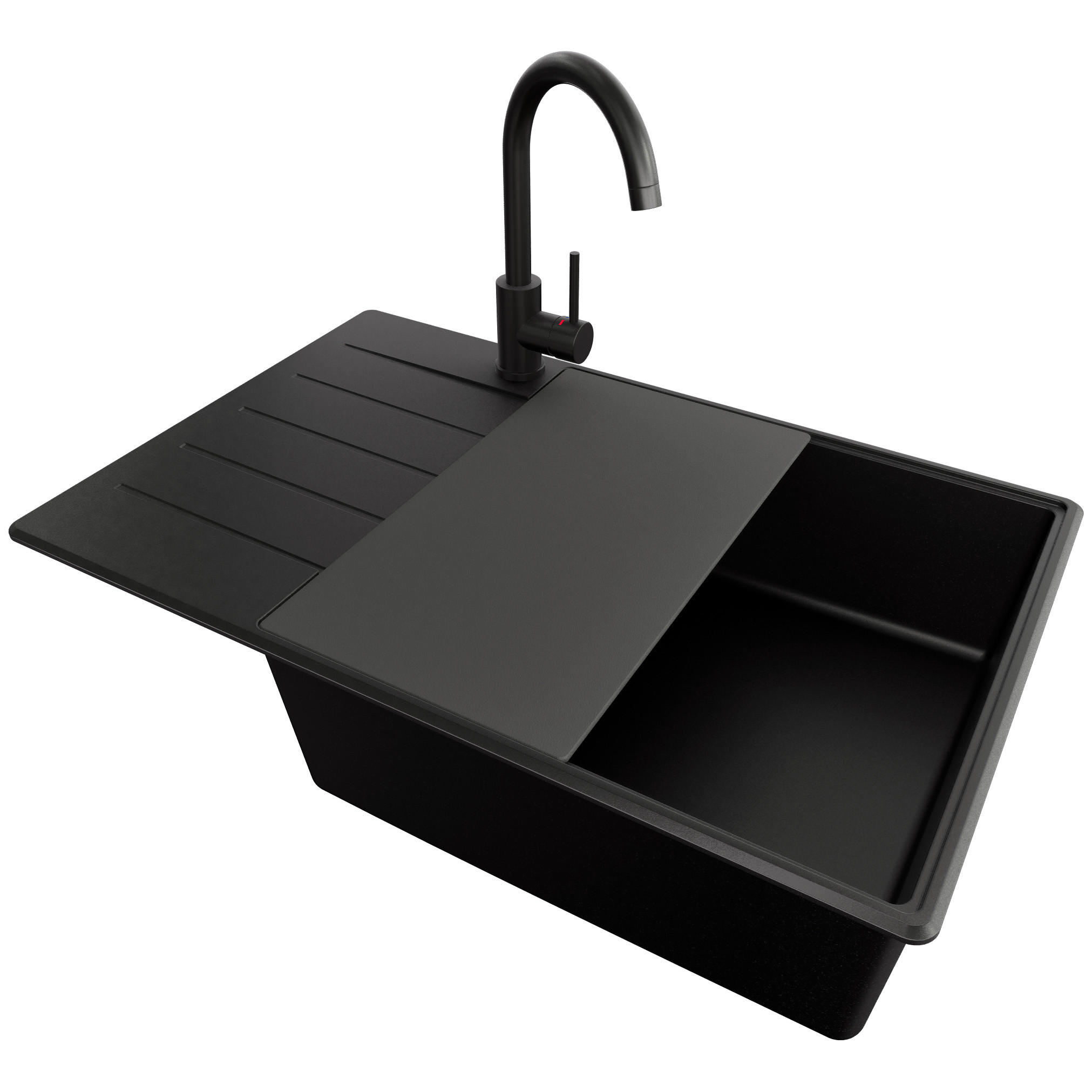 GRANITSPÜLE Kopenhagen, 2-er set Alles Schwarz 78/50 cm 1 Becken + Küchenarmatur 32/20 cm + Ablauf-Set + Schneidebrett ab 60er Unterschrank - Schwarz, Kunststoff (78/20/50cm) - Primagran