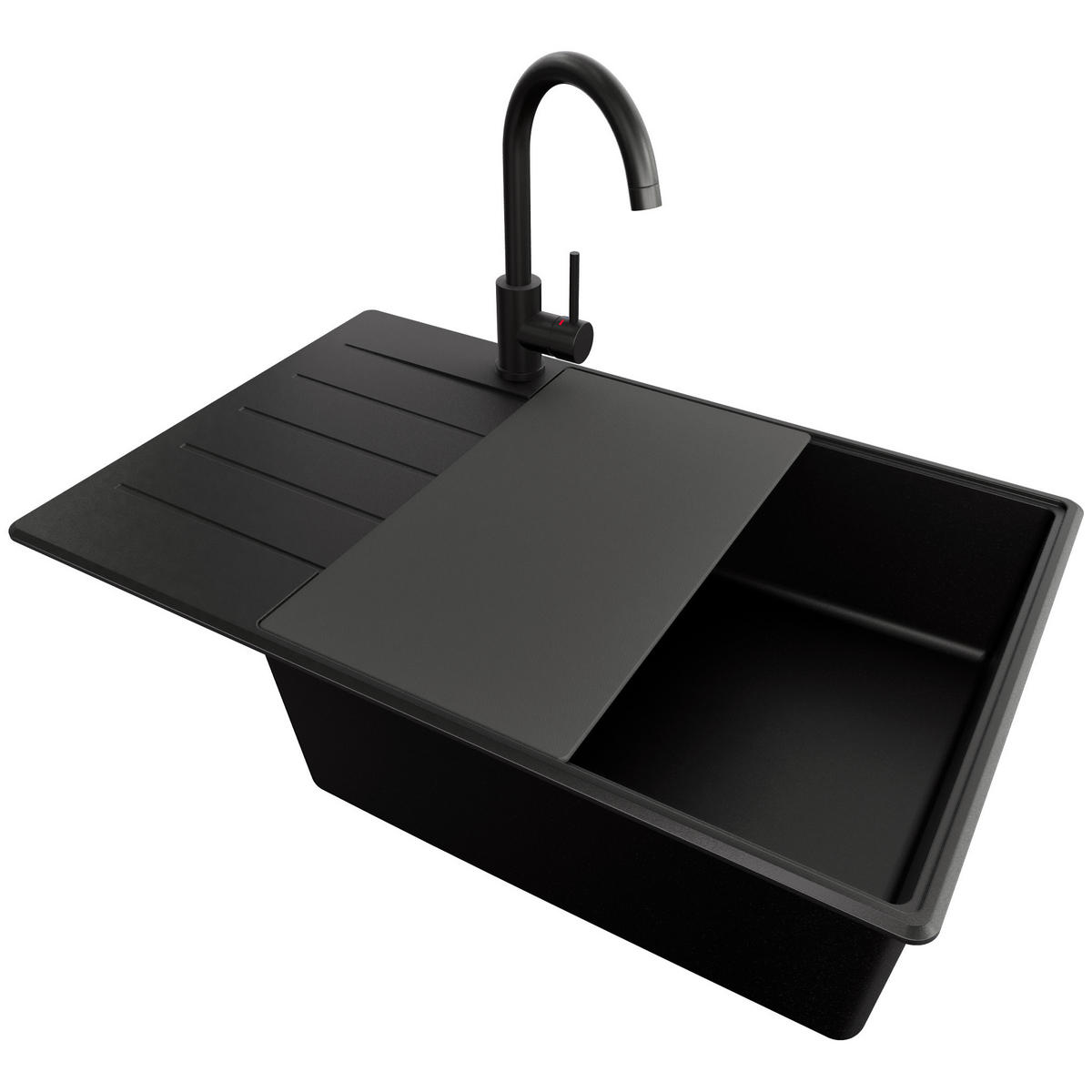 GRANITSPÜLE Kopenhagen, 2-er set Alles Schwarz 78/50 cm 1 Becken + Küchenarmatur 32/20 cm + Ablauf-Set + Schneidebrett ab 60er Unterschrank - Schwarz, Kunststoff (78/20/50cm) - Primagran