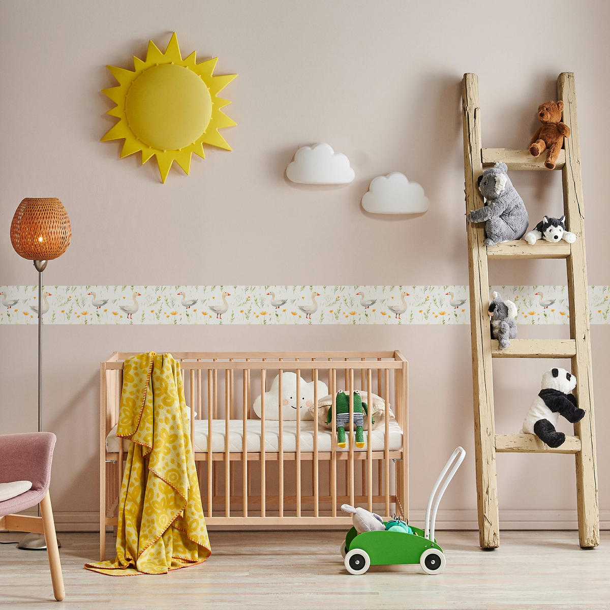 TAPETENBORDÜRE selbstklebend für Kinder GÄNSE Blumen Blätter Aquarell - Weiß/Orange, Papier (10/300/300cm) - Muralo