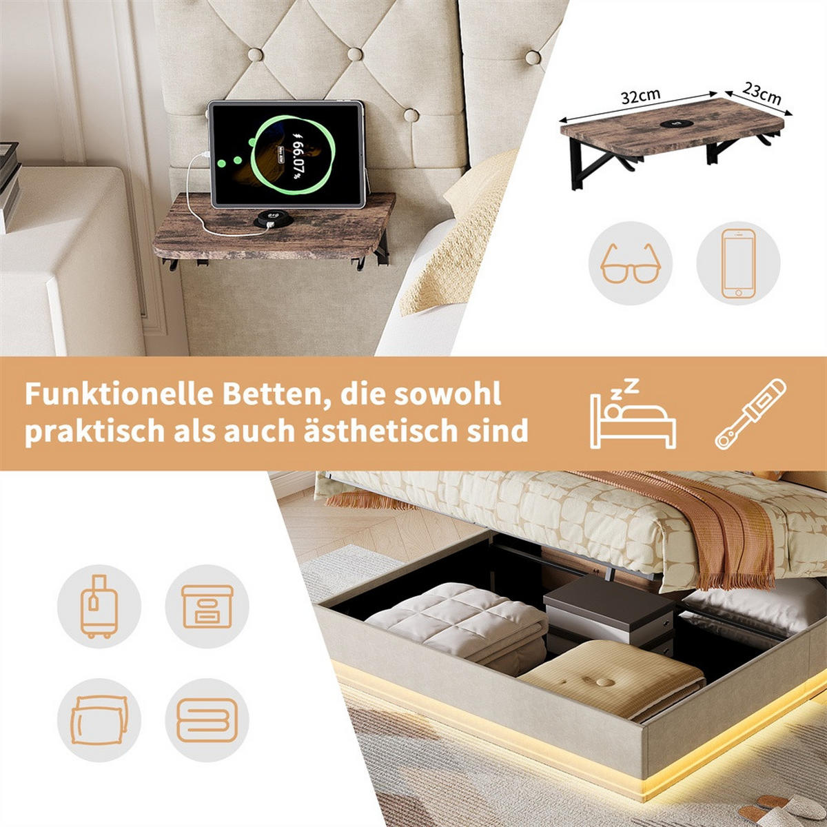 POLSTERBETT 160x200cm mit USB- & Type-C Ladeanschluss -Hydraulik-Stauraum und LED-Beleuchtung - Beige - Beige, Textil (160/200cm) - DELFA