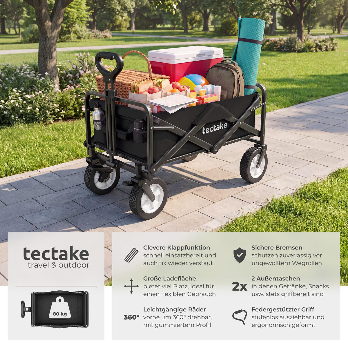 BOLLERWAGEN Leon, inklusive Tragetasche, Belastbarkeit 80 kg, schwarz - Schwarz, Kunststoff (53.5/101/91cm) - tectake