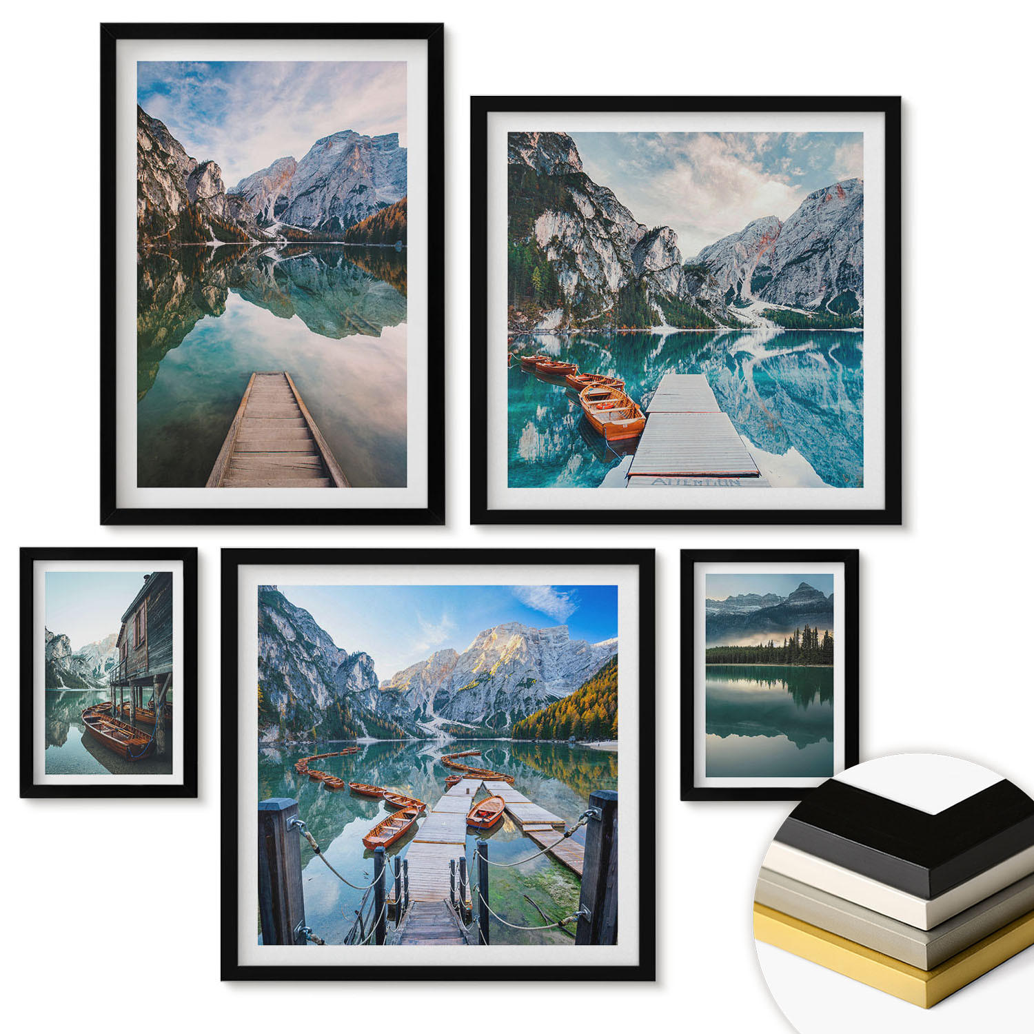 WANDBILDER 5er-Set - 50x50 cm & 20x30 cm & 40x60 cm Schwarzer Rahmen - See Berge Holzboote - Schwarz, Kunststoff (40/60cm) - ArtPrintCave