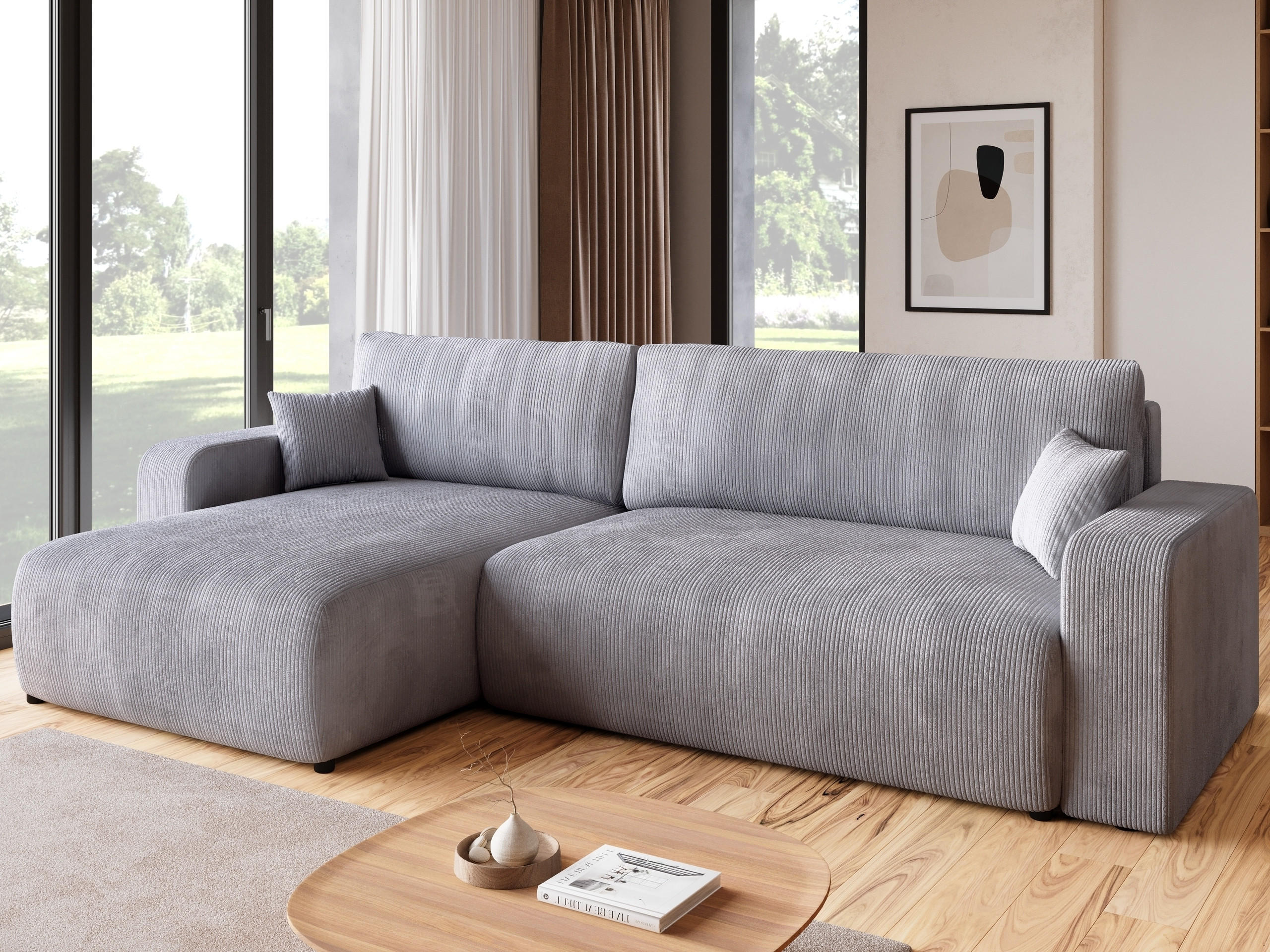 ECKSOFA PUMI XL mit Schlaffunktion Hellgrau Cord - Hellgrau, Textil (274/148cm) - Bromarkt