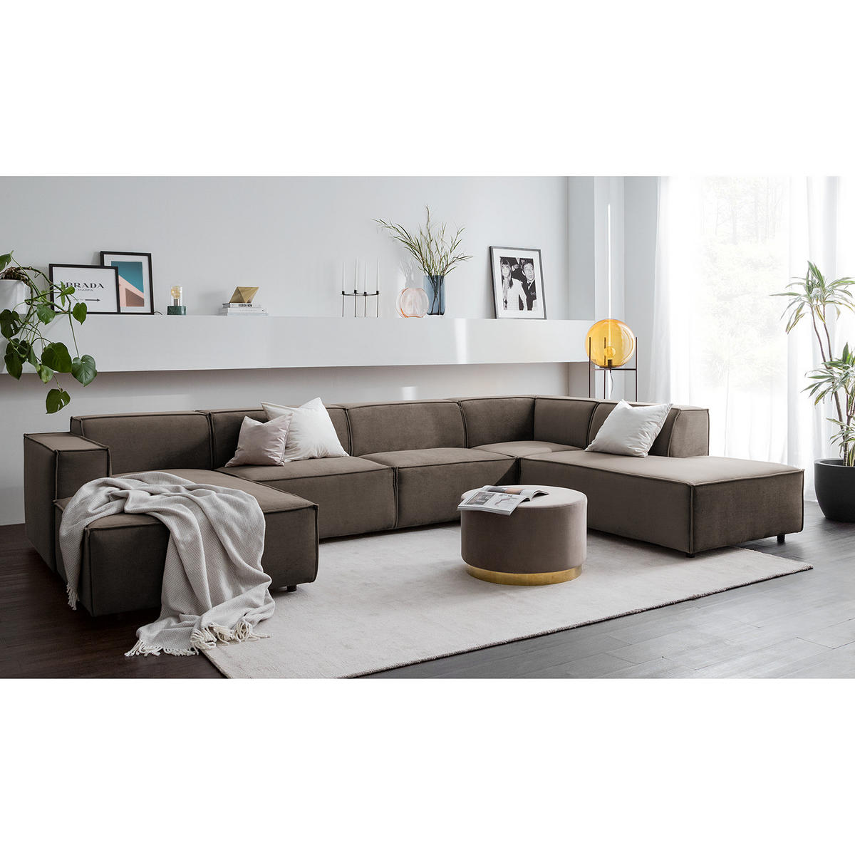 WOHNLANDSCHAFT mit Longchair & Ottomane - Taupe/Schwarz, Kunststoff/Textil (369/70/234cm) - home24