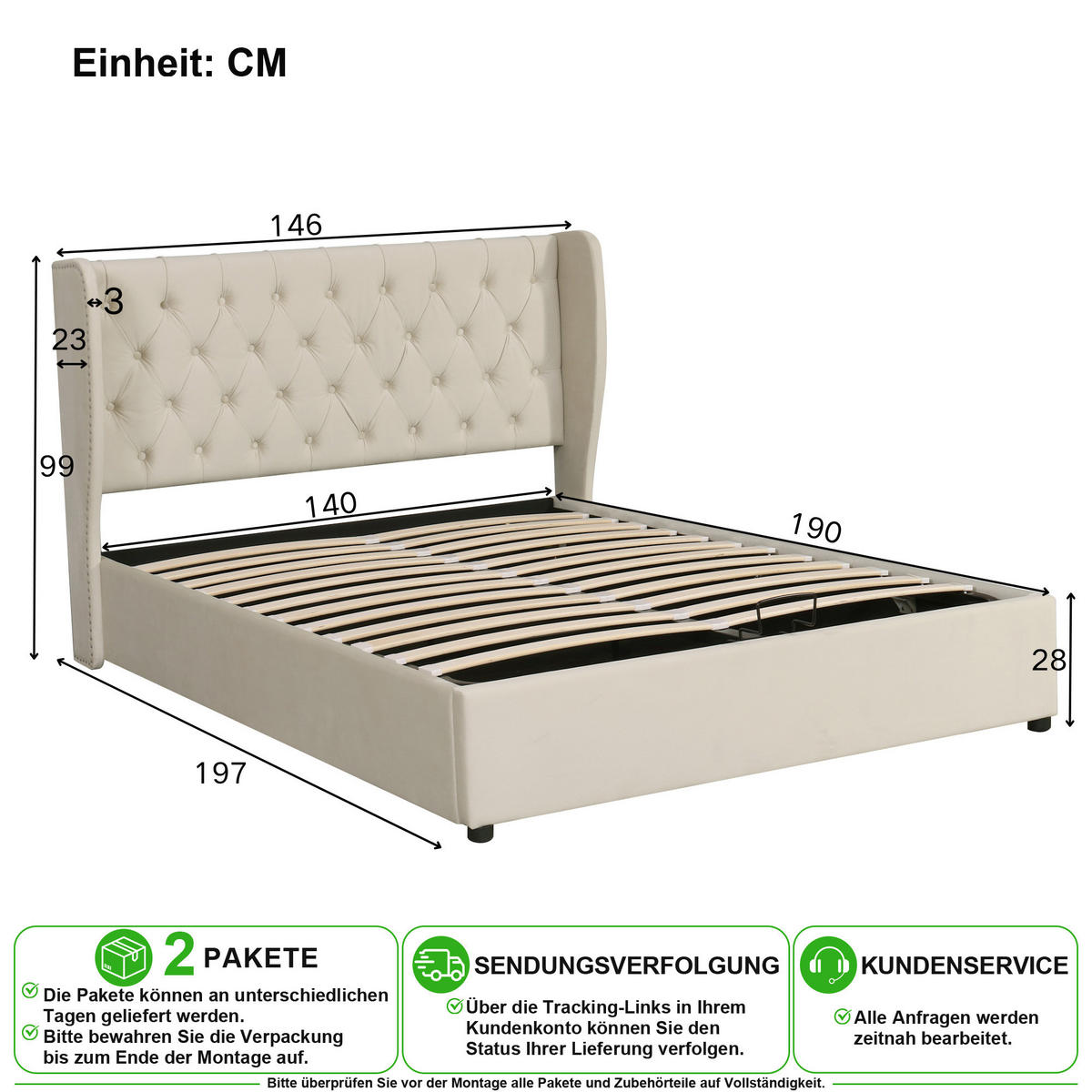 POLSTERBETT 140/190 cm in Beige Samt mit Bettkasten und Lattenrost - Beige, Holzwerkstoff/Textil (140/190cm) - CHICFURN