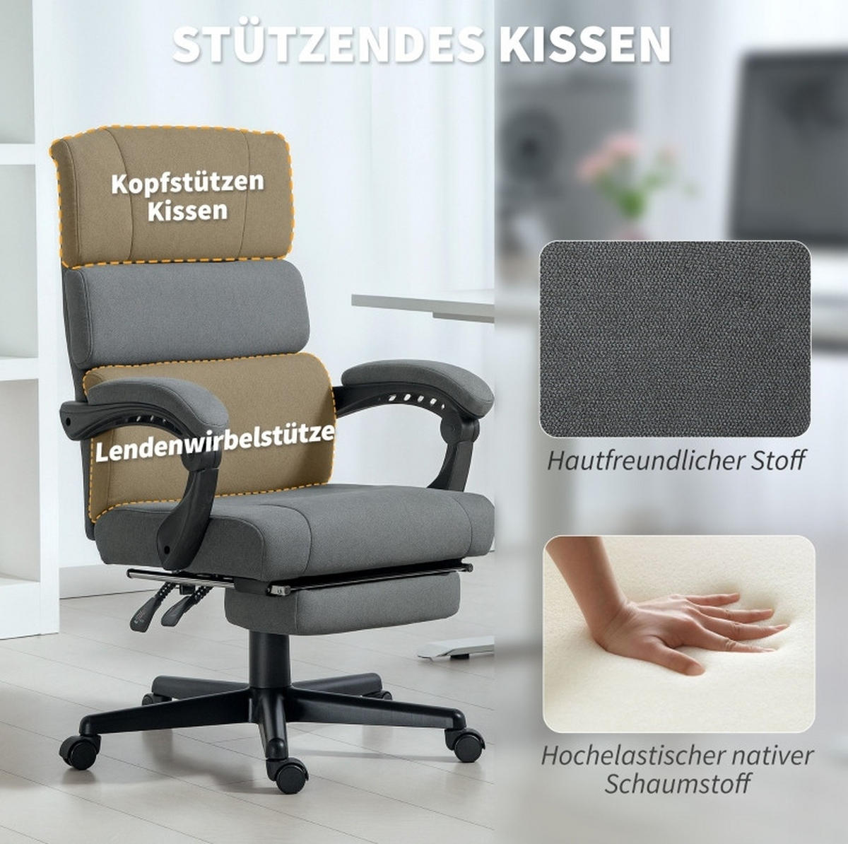 BÜROSTUHL höhenverstellbar mit Fußstütze 68,5 x 56 x 105-115 cm Dark Grey - Dunkelgrau, Metall (56/115/68.5cm) - Meubliv