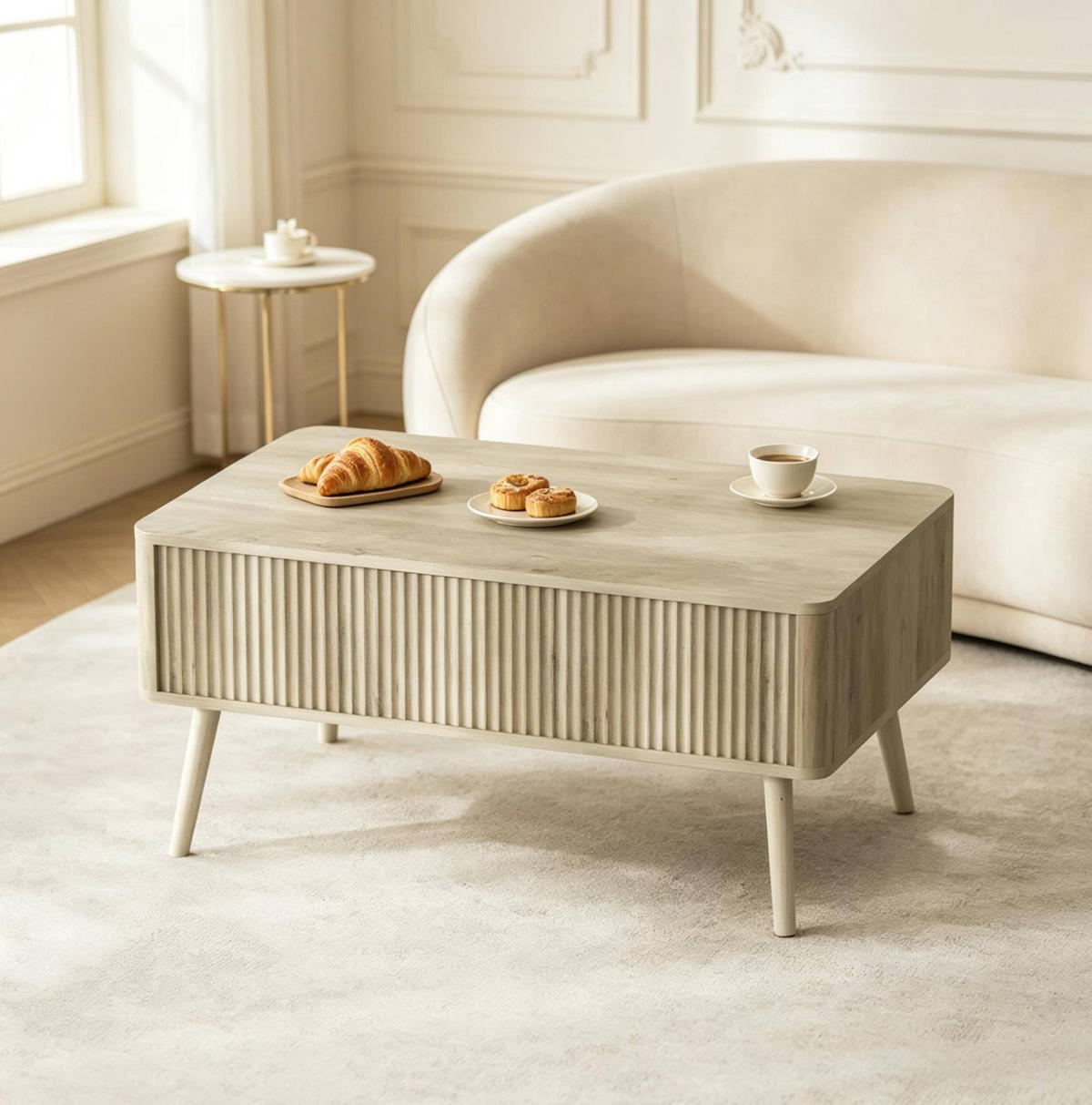 COUCHTISCH aus MDF und Kiefernholz 91x56x43 cm Eiche mit höhenverstellbarer Tischplatte und Stauraum - Eichefarben, Holzwerkstoff (91/56/43cm) - IVMEU