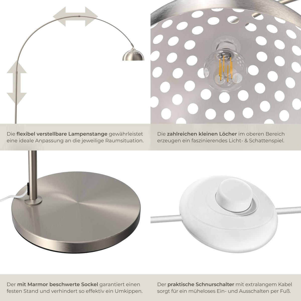 BOGENLEUCHTE Arcus, höhenverstellbar 187 - 206 cm, Nickel matt - Nickelfarben, Metall (175/34.5/206cm) - tectake