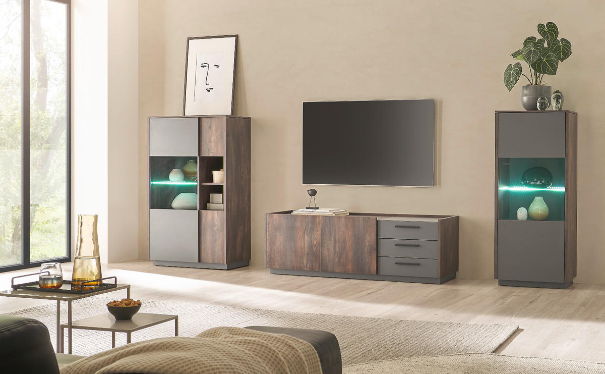 WOHNWAND Thermo Eiche, grau, Wohnkombination 3-teilig 327 cm mit Soft-Close - Eichefarben/Grau, Holzwerkstoff/Metall (327/130/45cm) - Furn.Design