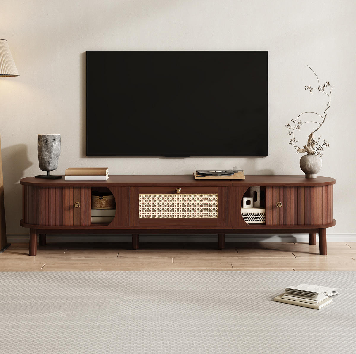 TV-SCHRANK aus Spanplatte und Rattan 170x39,5x38 cm Naturfarben/Hellgelb mit Türen und Schubladen in Bambusoptik - Eichefarben, Holzwerkstoff (170/38/39.5cm) - Modfu