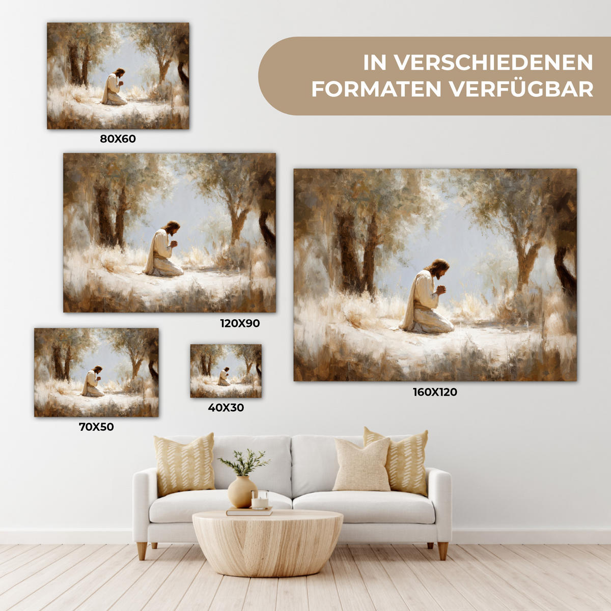 LEINWANDBILD Jesus - Kniend - Waldlandschaft - Betend Wandbilder 80x60 cm - Beige/Hellblau, Textil (80/60cm) - MuchoWow