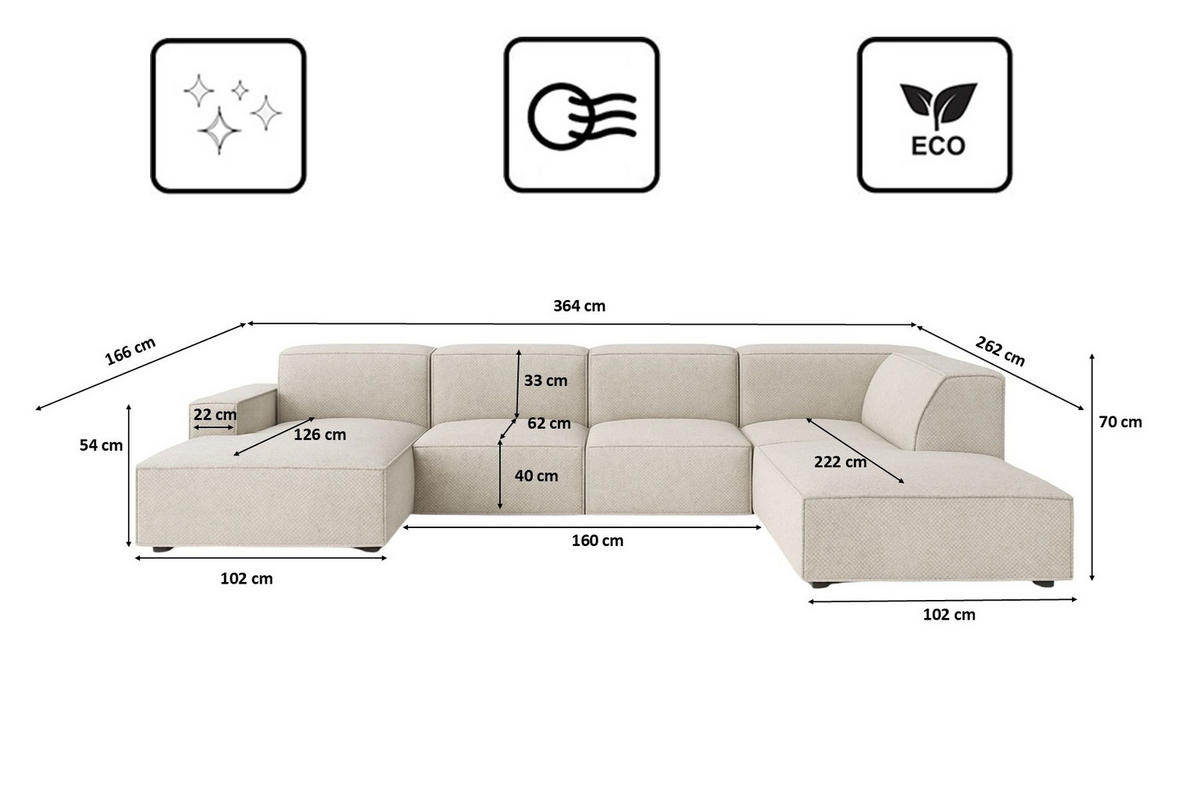 ECKSOFA Cursal V, Stoff Artico, Nata, Rechts - Beige, Holz (364/262cm) - Kaiser Möbel