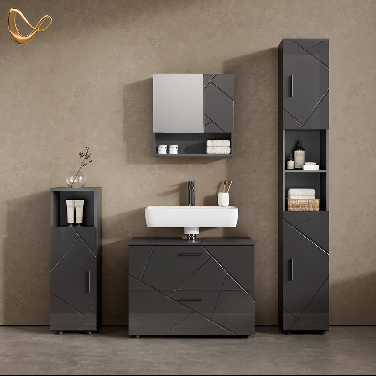 BADMÖBEL-SET Ronco Anthrazit Hochglanz 4 Teile, mit Schubladenschrank und Hochschrank - Anthrazit, Holzwerkstoff (80/58/41cm) - Livinity®
