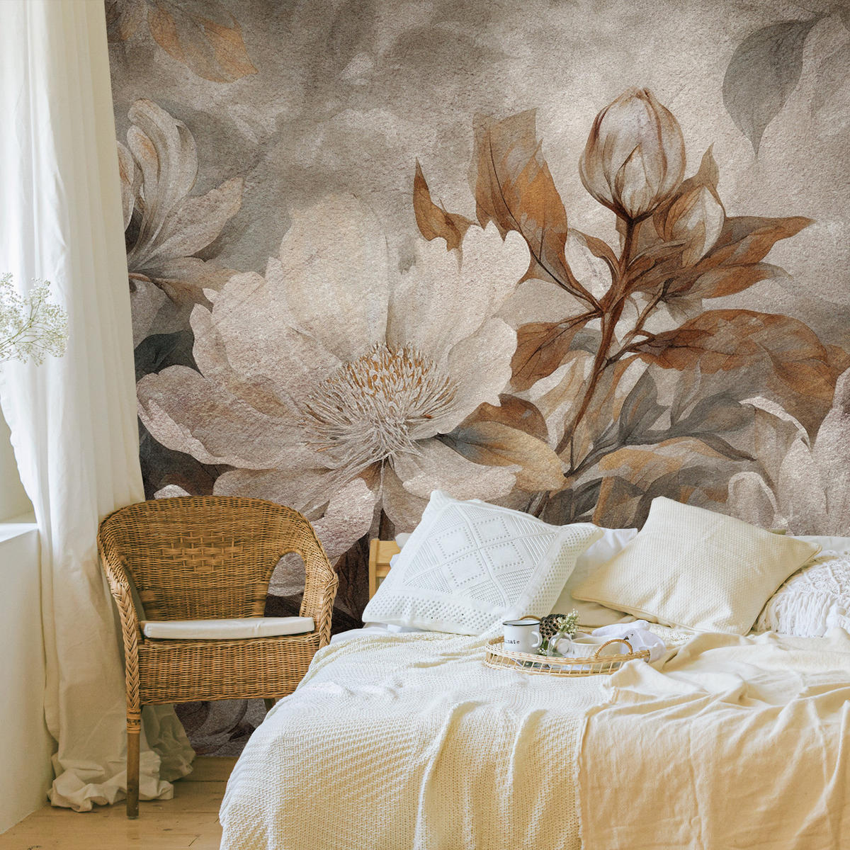 FOTOTAPETE Blumen Blätter Pflanzen Natur Retro Stil 270x180cm - Beige/Braun, Papier (270/180cm) - Muralo