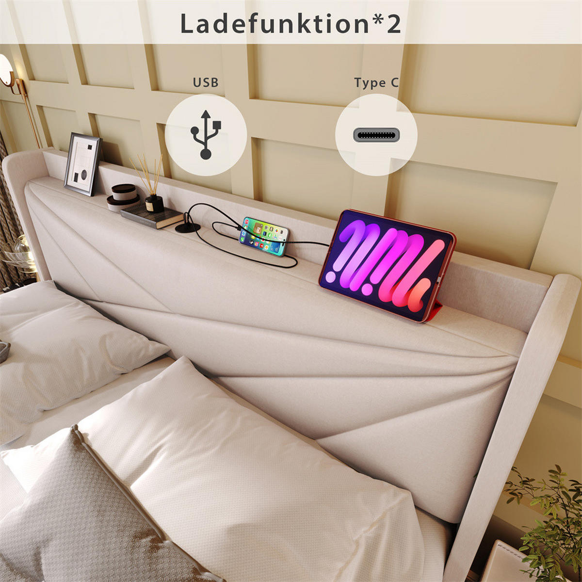 POLSTERBETT 90/200cm in Beige Leinen mit USB Typ C Ladefunktion Kopfteil - Beige, Holz/Textil (90/200cm) - KOMHTOM