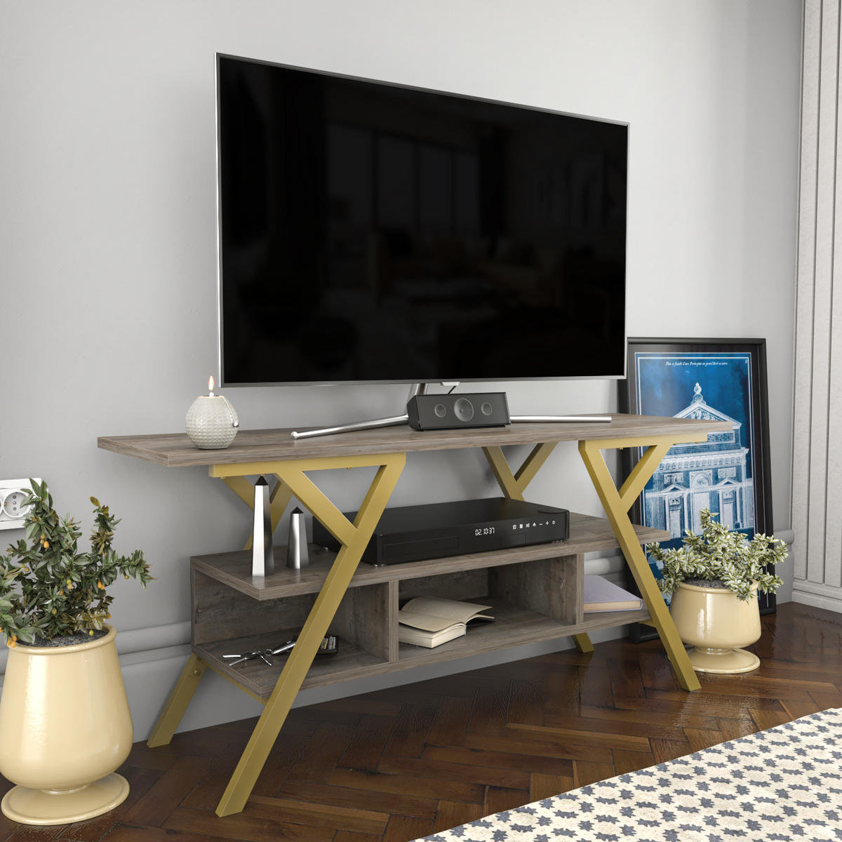 TV Stand Minerva Gold und Wenge - Graubraun, Holzwerkstoff (120/55/35cm) - Decorotika