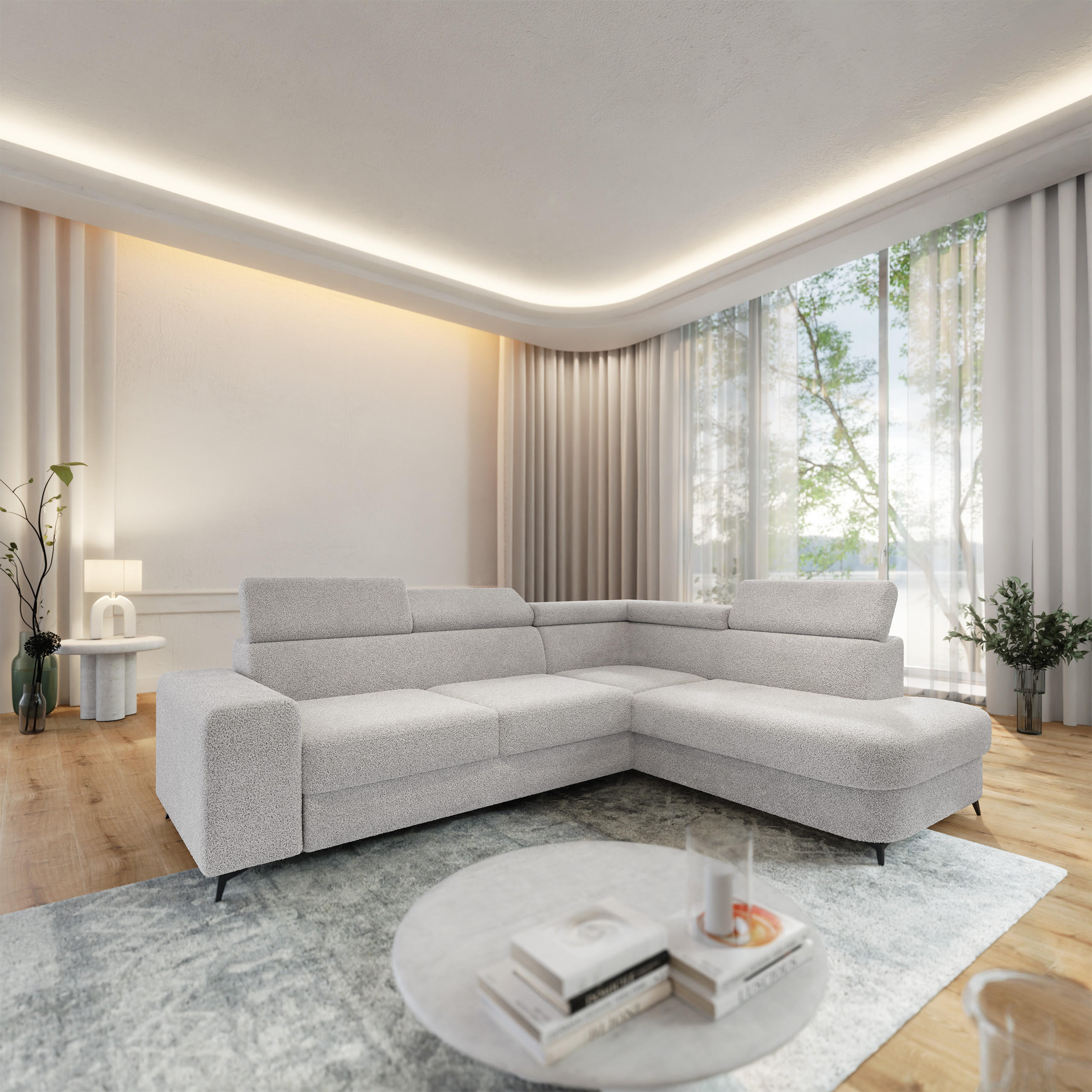 ECKSOFA ALVORO R-S Hellgrau Boucle-Stoff mit Schlaffunktion - Hellgrau, Holz (253/190cm) - MASSENO