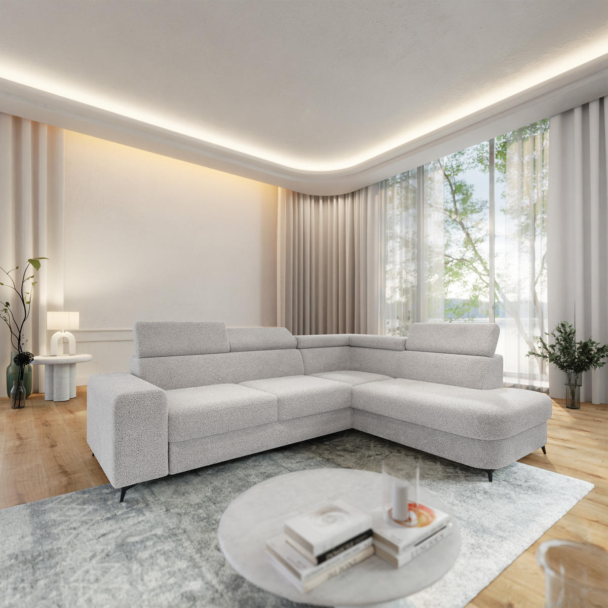 ECKSOFA ALVORO R-S Hellgrau Boucle-Stoff mit Schlaffunktion - Hellgrau, Holz (253/190cm) - MASSENO