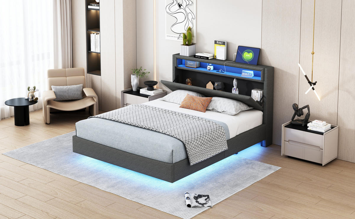 POLSTERBETT 140x200 cm LED USB grau - Grau, Textil (140/200cm) - LEBENLANG