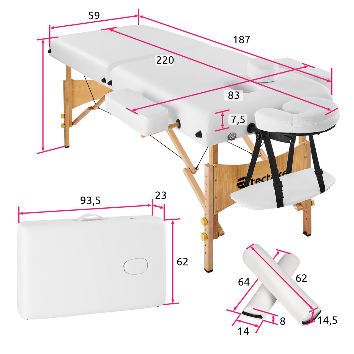 MASSAGELIEGE 2 Zonen, 220 x 83 x 87,5 cm,weiß - Weiß, Holz (59/65.5/187cm) - tectake