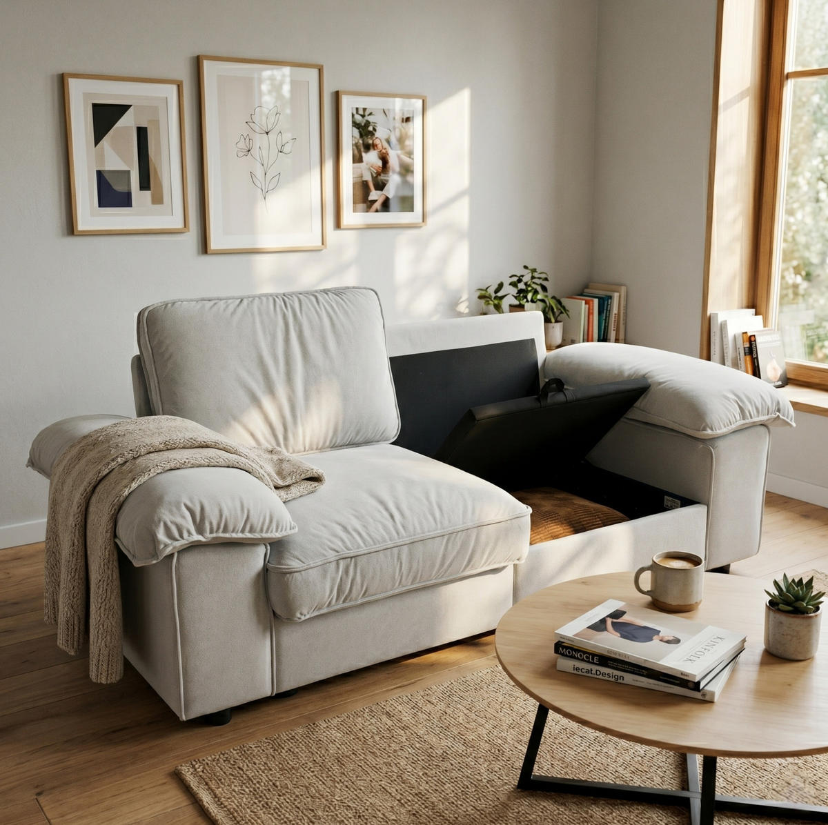 SOFA mit Stauraum Kurzplüsch Cream White - Weiß, Holzwerkstoff (201/89/91cm) - Meubliv