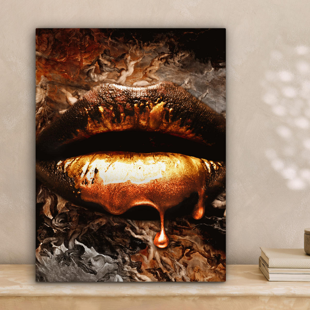 LEINWANDBILD Gold - Lippen - Kunst - Gold - Luxus - Abstrakt Room Decor 30x40 cm - Kupferfarben, Textil (30/40cm) - MuchoWow