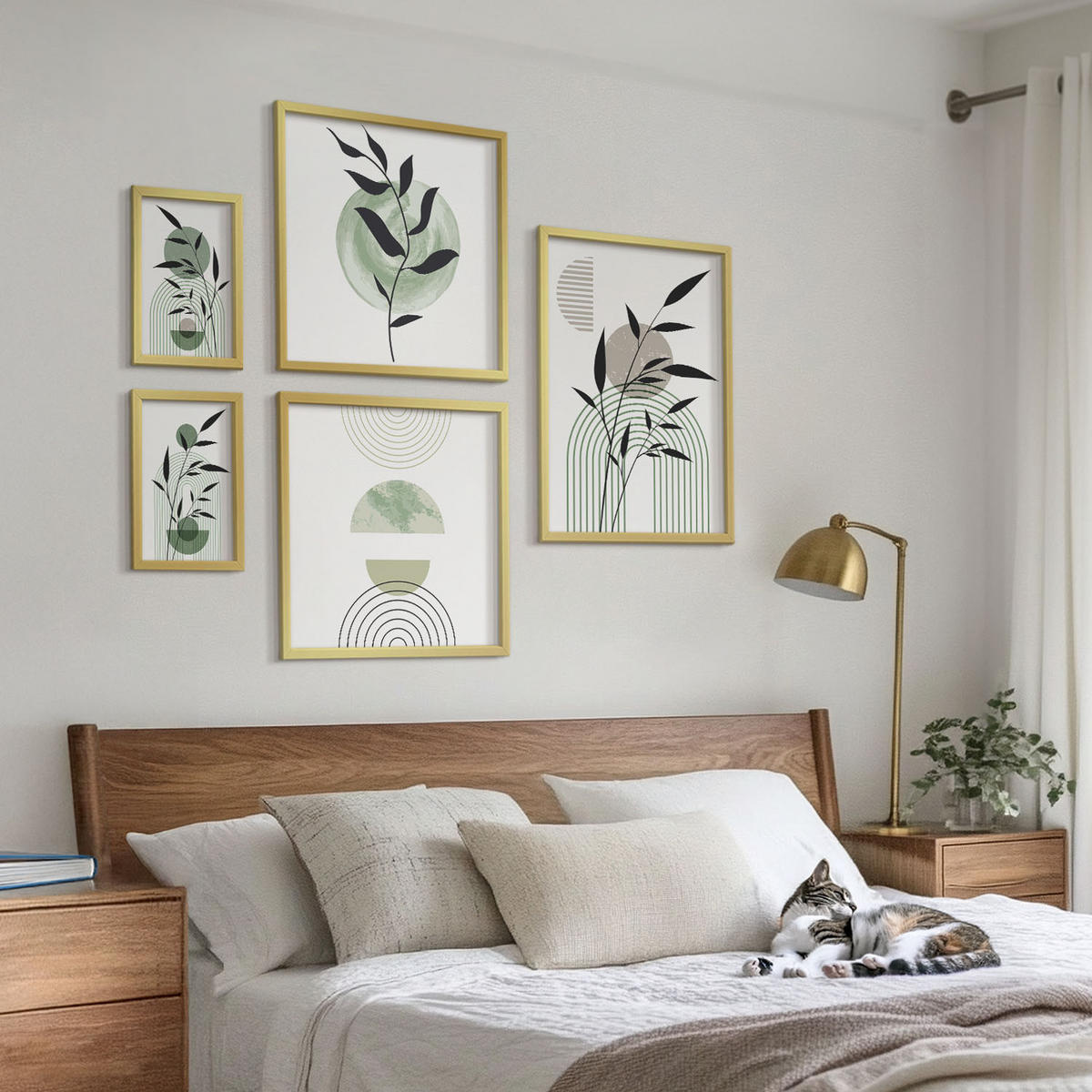 WANDBILDER 5er Set - 50x50 cm & 20x30 cm & 40x60 cm Goldrahmen - Boho-Pflanzenkompositionen - Goldfarben, Kunststoff (40/60cm) - ArtPrintCave