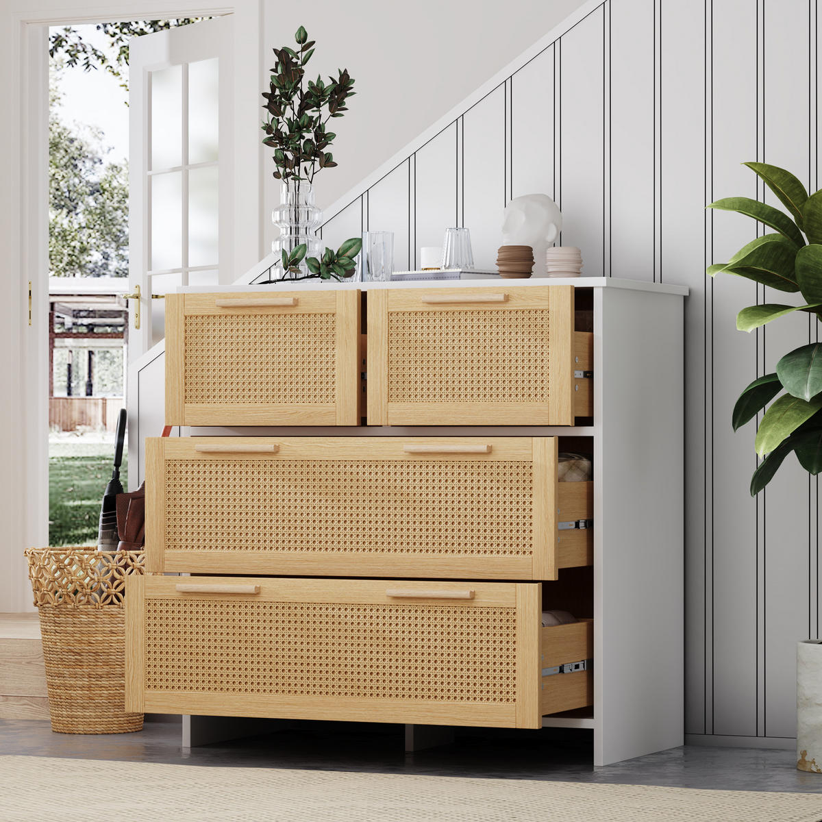 KOMMODE Rattan 4 Schubladen Massivholz 80x38x80cm - Multicolor, Holzwerkstoff (80/38/80cm) - FLIEKS