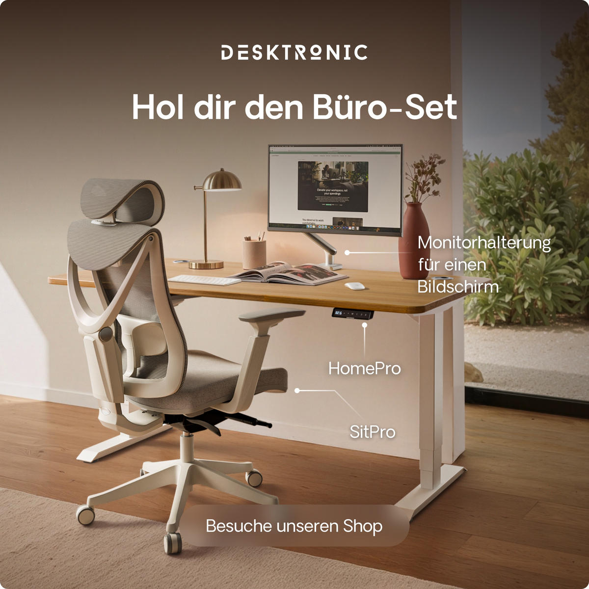 SCHREIBTISCH Elektrisch Höhenverstellbarer HomePro 140x70cm Weiß/Massive Eiche mit Memory-Funktion, Anti-Kollisions Technologie - Eichefarben/Weiß, Holz (70/140/63.5cm) - Desktronic