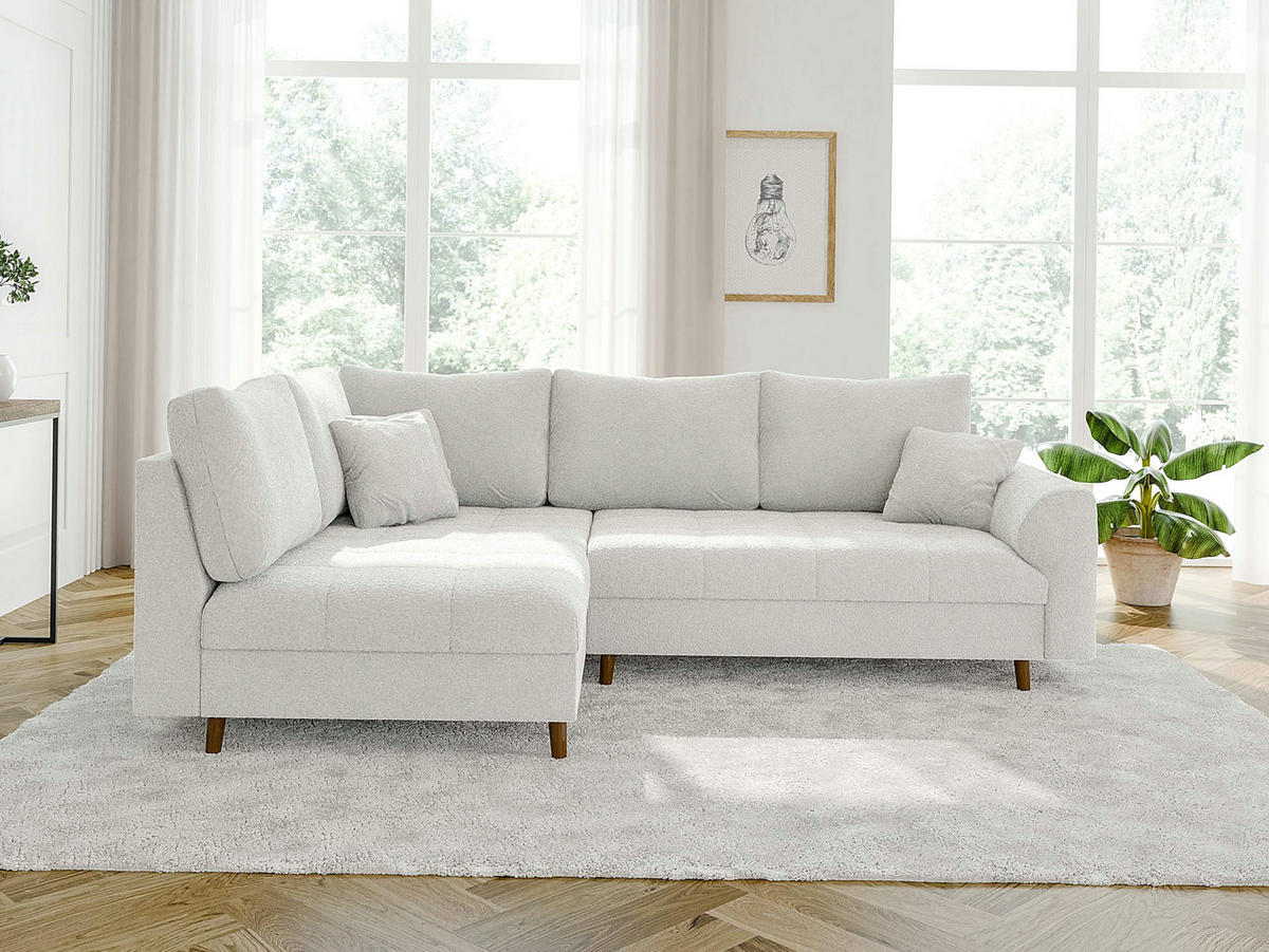 ECKSOFA Henrik Weiß Boucle - Ottomane links - Weiß/Braun, Holz/Textil (231/161cm) - S-Style Möbel