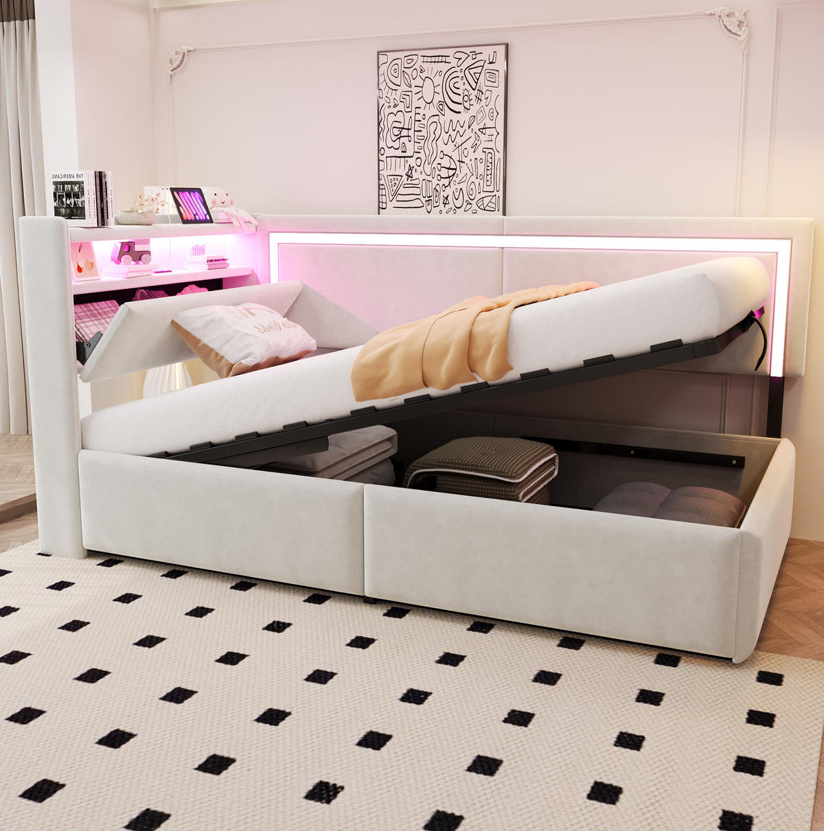 POLSTERBETT Schlafsofa 90/200 cm mit LED-Beleuchtung, USB-Anschluss, Bettkasten und Samtbezug, Beige - Beige, Textil (90/200cm) - Redom