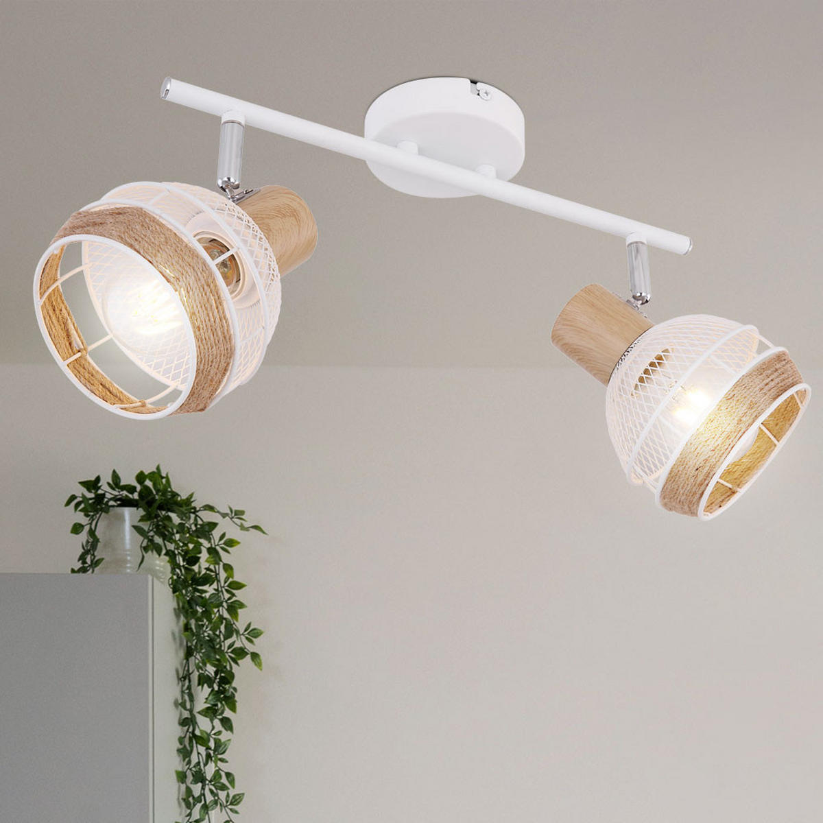 DECKENLEUCHTE Hanfseil Weiß Holzoptik - Weiß, Metall (36/17.5/18.2cm) - Globo Lighting