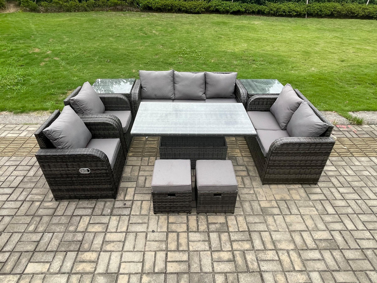 GARTENTISCHGRUPPE Polyrattan 9-Sitzer - Dunkelgrau/Grau, Glas/Kunststoff - Fimous