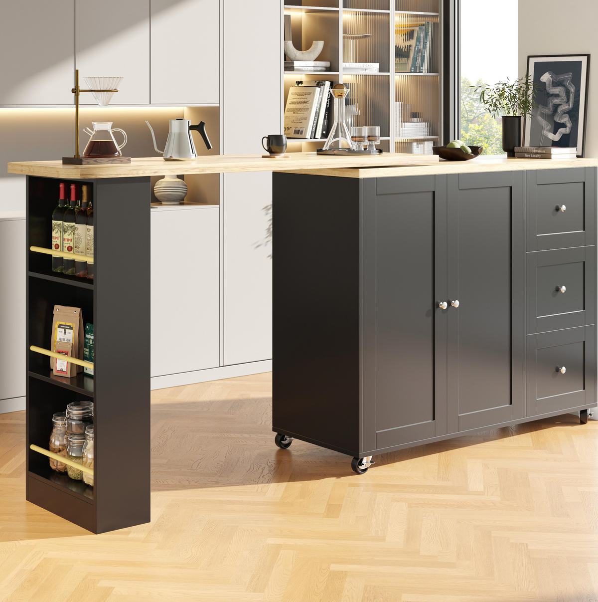 KÜCHENINSEL 135-203/106/39 cm Schwarz aus MDF mit 360°-Drehfunktion - Schwarz, Holzwerkstoff (39/106/203cm) - OKMYHOME
