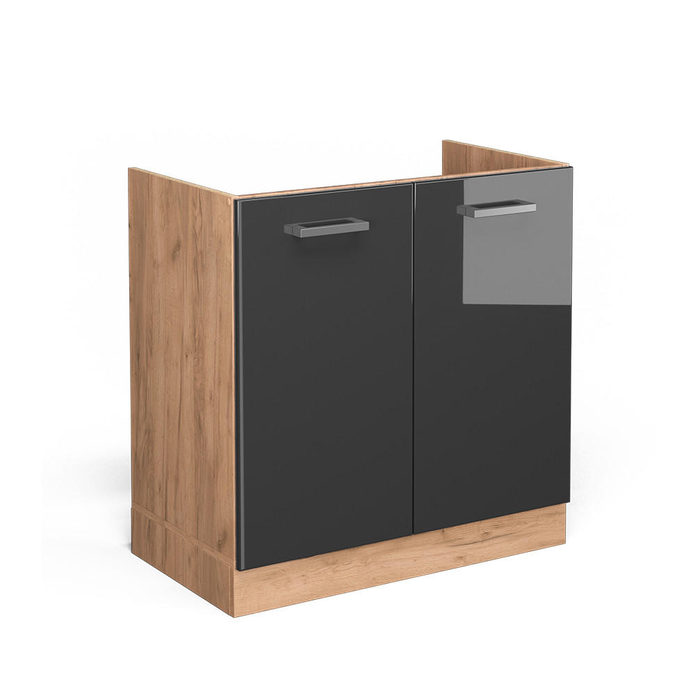 SPÜLENUNTERSCHRANK R-Line Anthrazit Hochglanz 80 cm ohne AP - Honigeiche/Schwarz Hochglanz, Holzwerkstoff (80/81.6/46cm) - Vicco