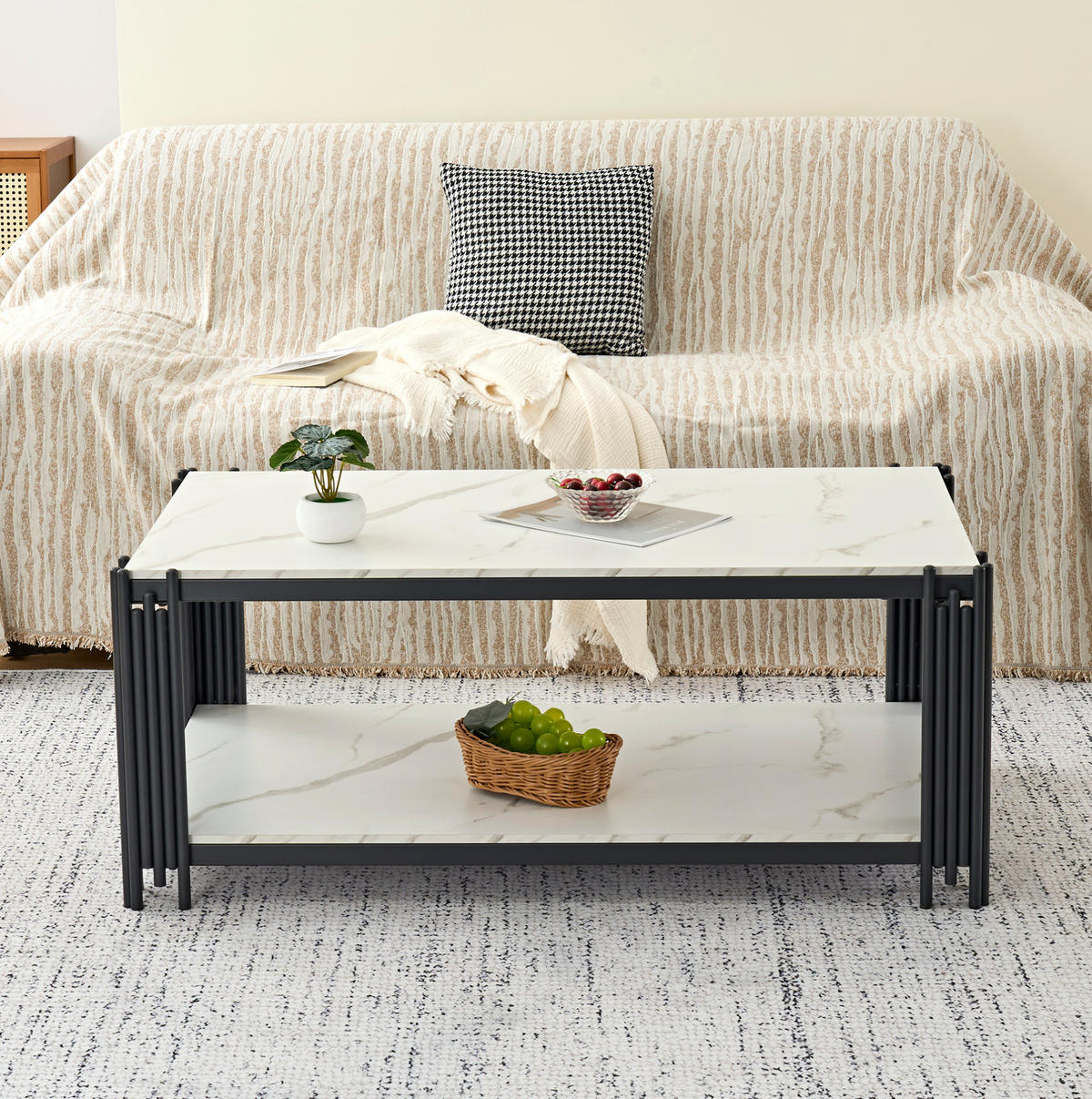 COUCHTISCH 114/64/46 cm weiß schwarz aus MDF mit 2 Ablagen - Schwarz, Holzwerkstoff (114/64/46cm) - OKWISH
